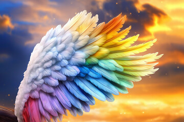 Fototapeta premium Rainbow-colored wings displayed in a symmetrical formation and Each wing is crafted with intricate detail and featuring vibrant
