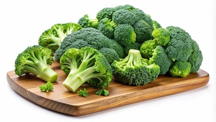 Fresh Broccoli Florets on Wooden Cutting Board isolated on white background-Fresh, vibrant broccoli florets arranged on a wooden cutting board, perfect for cooking or preparing healthy meals.