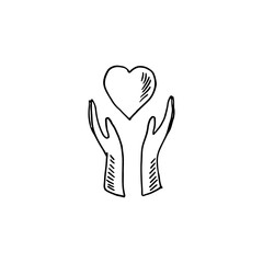 Two hands cupping a heart, doodle cartoon care concept logo vector.