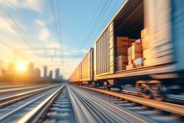 Fototapeta premium Cargo Train Moving Quickly on Tracks at Sunset with City Background