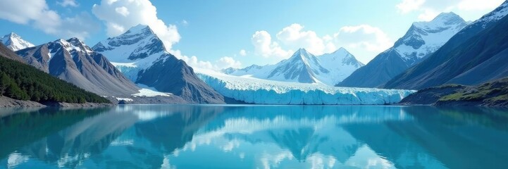 Naklejka premium Mountain landscape with a serene glacier and turquoise water, reflection, blue, snow