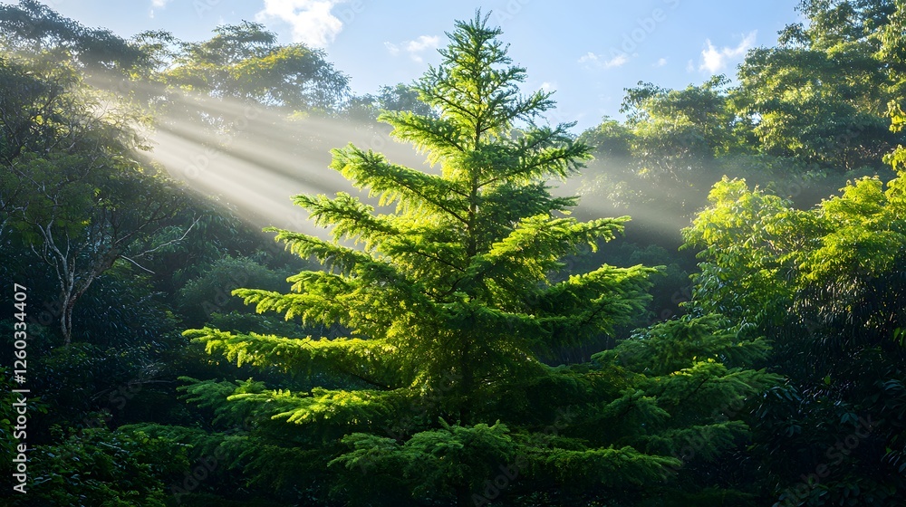 Poster light shines through the trees in a lush forest