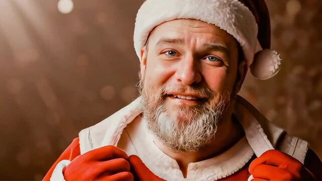 Portrait of cute emotional Santa Claus in red traditional suit