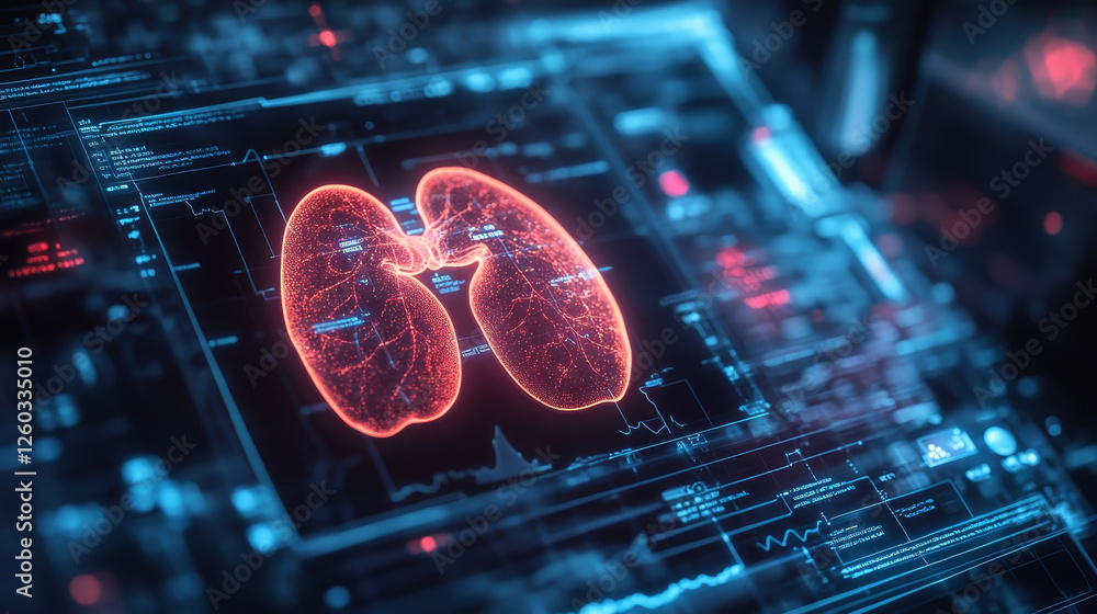 Poster digital representation of glowing lungs with data visualization