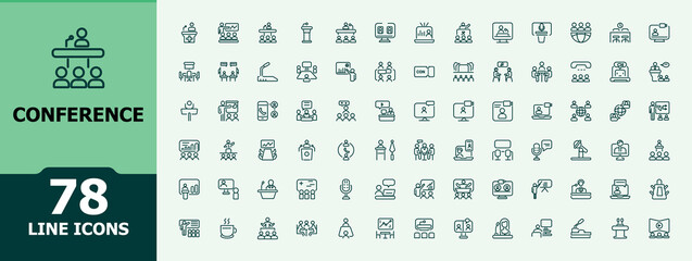 Conference line icons. It contains symbols to meeting, audience, discussion, presentation, forum and more. Thin outline icons pack. Minimalist vector icons editable stroke.