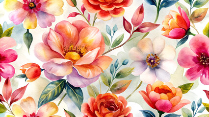 Floral pattern, small orange, red, and pink flowers on white background