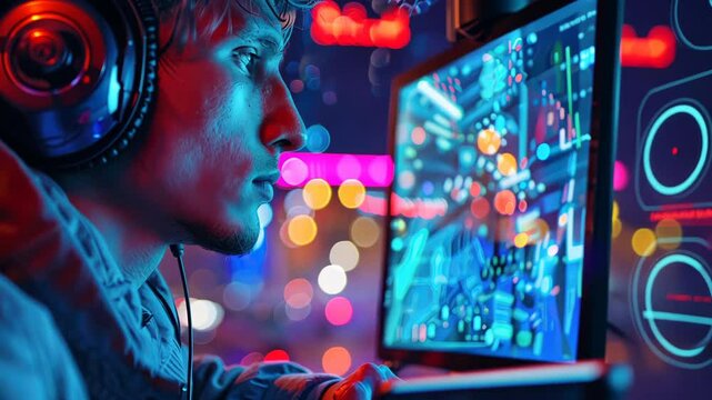 Video editing. Editing desk scene, A videographer's focus on nocturnal city video, screen aglow with vibrant neons
