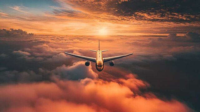 Passenger airliner plane flying over the sunset golden hour clouds. farmland below. cumulus clouds. Aircraft in flight during Dusk illuminated by soft golden light captured from above.