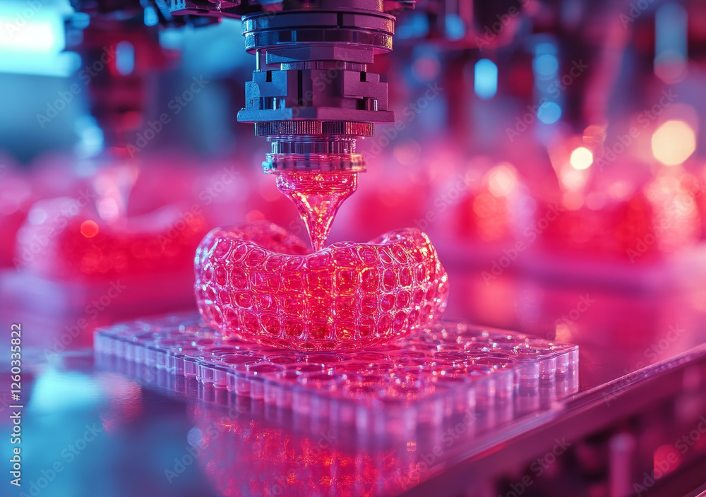 Poster close up of bioprinting nozzles creating organ prototypes
