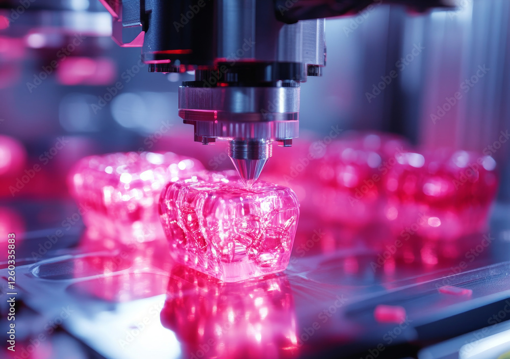 Poster close up of bioprinting nozzles creating organ prototypes