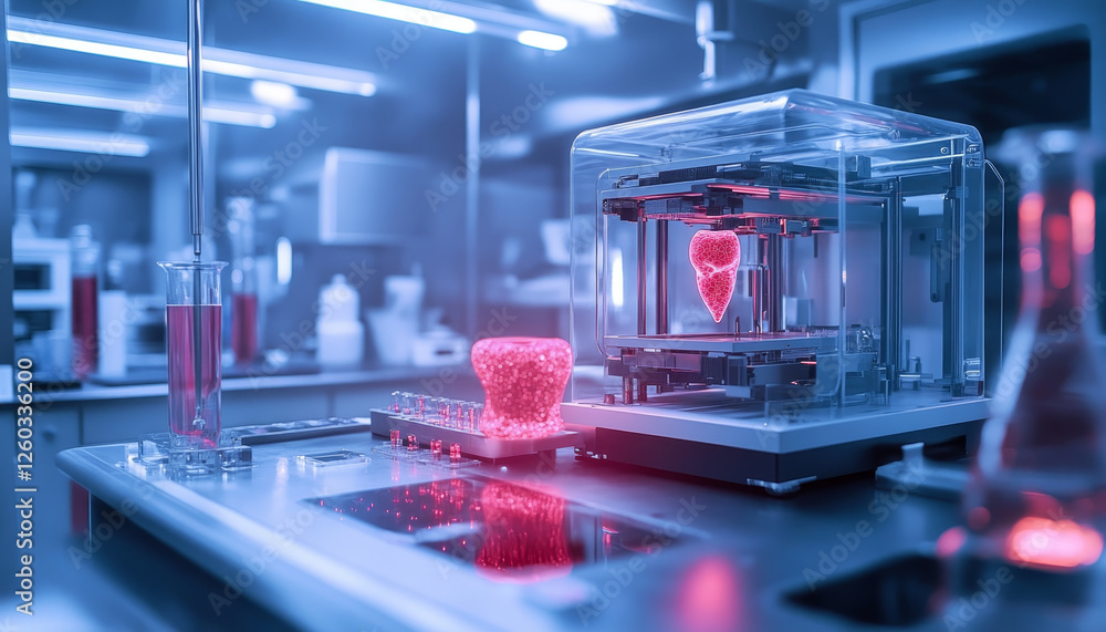 Poster high tech lab with 3d printer creating bioengineered materials