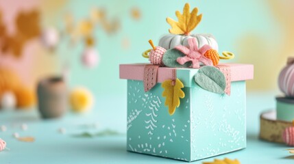 Elegant gift box in mint green with intricate felt embellishments, including leaves and berries, ideal for autumnal celebrations or craft inspirations. AI generated.