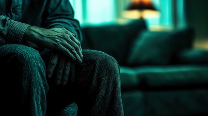 Man sitting on couch with hands on knees in casual indoor setting