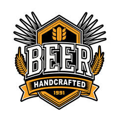 Obraz premium Retro styled handcrafted beer logo featuring barley and hops with a banner and the year of establishment, perfect for breweries, bars, and beer enthusiasts