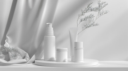 Cosmetic product mockups on geometric podiums, background for presentation