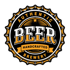Round beer logo with serrated edges resembling a bottle cap, featuring the words authentic beer and handcrafted brewery with a star and decorative elements in black, white, and orange