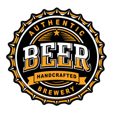 Round beer logo with serrated edges resembling a bottle cap, featuring the words authentic beer and handcrafted brewery with a star and decorative elements in black, white, and orange