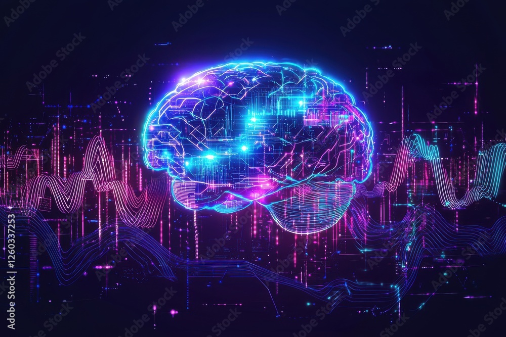 Poster digital brain concept with neon outlines and wave patterns symbolizing neural networks and technolog