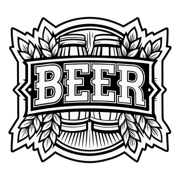 Vintage monochrome beer emblem featuring two wooden barrels, ears of ripe wheat, and the bold inscription beer in a classic, ornate frame, ideal for brewery branding or pub signage