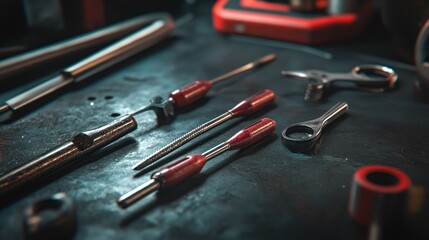 A collection of various tools displayed on a black surface