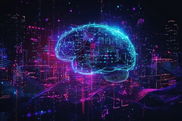 Obraz premium Neon digital brain in futuristic city, symbolizing AI and technology's progress
