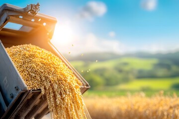 Golden Wheat Harvest Pouring into Trailer with Scenic Background
