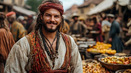 Obraz premium Smiling pirate in medieval market. Possible stock use