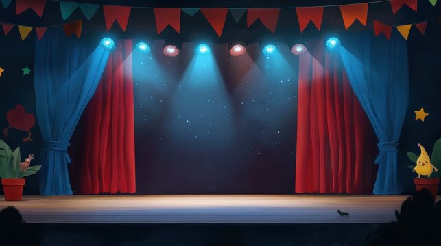 colorful puppet show stage with red curtains and bright spotlights, decorated with festive banners and stars, creates lively and inviting atmosphere