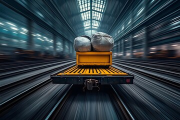 Aerial View of Yellow Train Car Moving on Railway with Cargo Bags