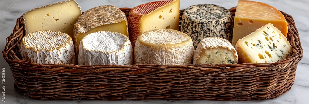 Poster an artistic display of various cheeses arranged in a decorative woven basket, emphasizing the variet
