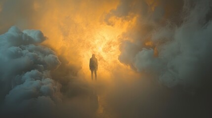 A figure emerges from a dreamy golden cloudscape with soft, radiant light, evoking serenity and mystery in an ethereal environment. AI generated.