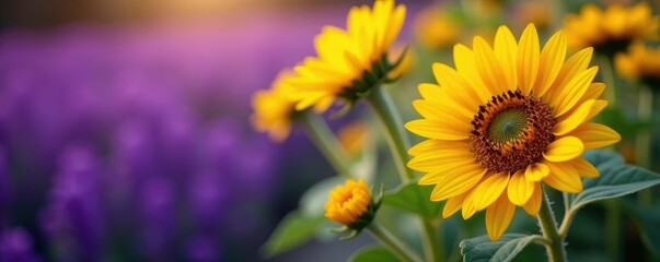 Obraz premium Sunflowers with purple hues alongside yellow blossoms, garden, sunflowers, blooms