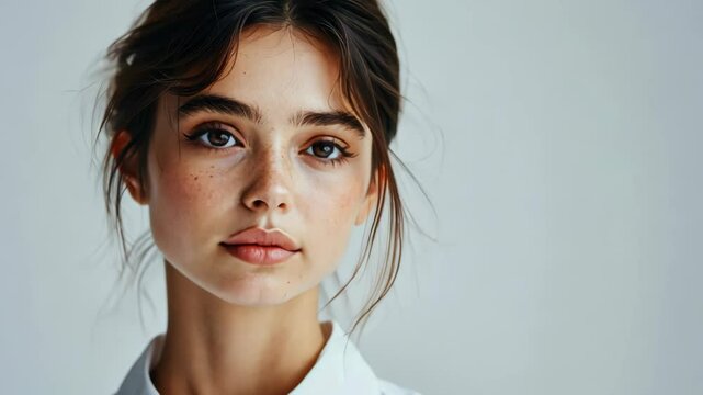 pretty brunette hair freckle face woman portrait with relax and happy optimistic atmosphere, skin, facial and skincare beauty industrial model portrait