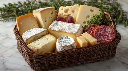 This inviting image features a rustic woven basket filled with diverse cheeses and grapes, creating an appealing cheese platter perfect for gatherings.