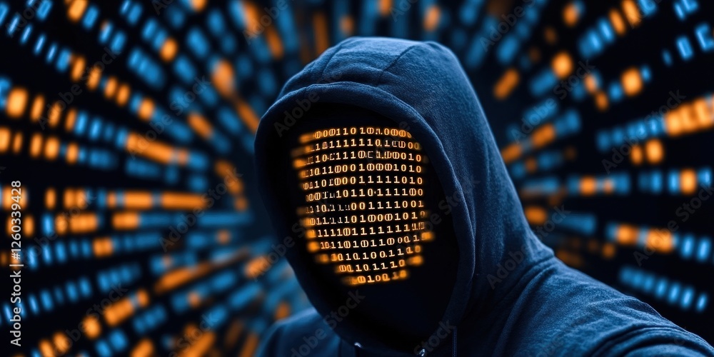 Poster cybercrime action hacker silhouette with binary code digital environment futuristic
