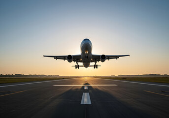 Fototapeta premium airplane taking off at sunset