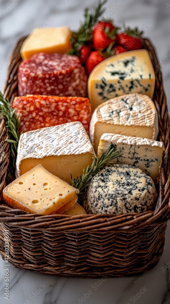Poster a beautifully arranged cheese basket loaded with assorted cheeses, accompanied by fresh strawberries