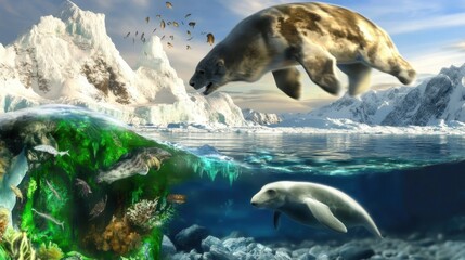 Naklejka premium Polar Bear and Sea Cow in Arctic Landscape with Underwater Life