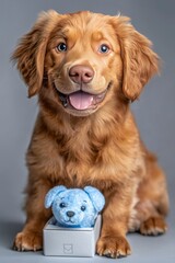 Adorable Golden Retriever Puppy with Blue Plush Toy in Gift Box