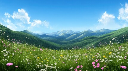 Obraz premium vibrant spring landscape with green meadow on rolling hills, dotted with colorful wildflowers under clear blue sky