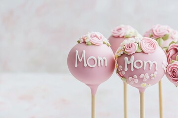 Mother's Day cake pops with word Mom written on them and flowers in pastel pink color scheme on light grey background with copy space.