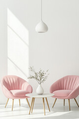 A modern minimalist interior featuring two pastel pink chairs, a sleek white table, and a stylish pendant light, creating a soft and elegant ambiance with natural lighting