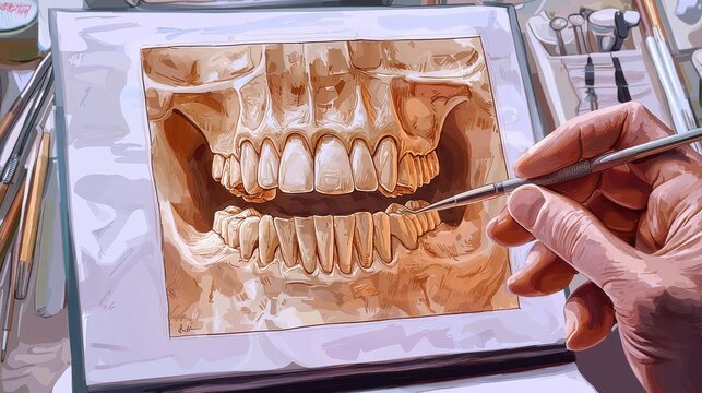 Person sketching a detailed drawing of a human skull on a piece of paper in a creative workspace