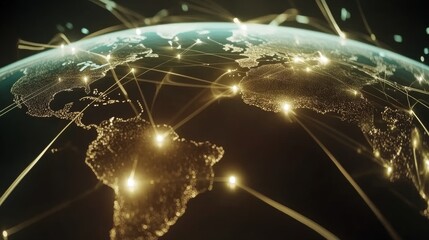 Earth with city lights and communication lines view from space at night, global network concept, digital connectivity, satellite communication, and modern technology