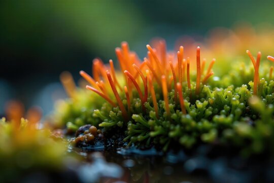 Tiny polytrichum commune plants in wet environment, tautropfen, small plants, water droplets
