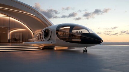 Sleek futuristic aircraft parked near a modern architectural structure during sunset