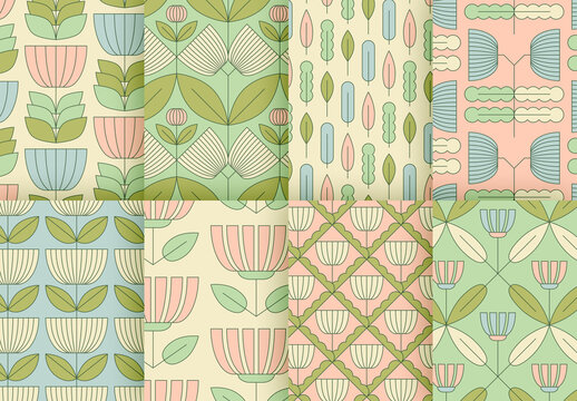 Seamless Pattern Set with Abstract Flowers and Leaves
