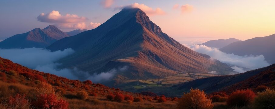 Towering peak of Slioch rises high in misty autumn air, dusk, UK