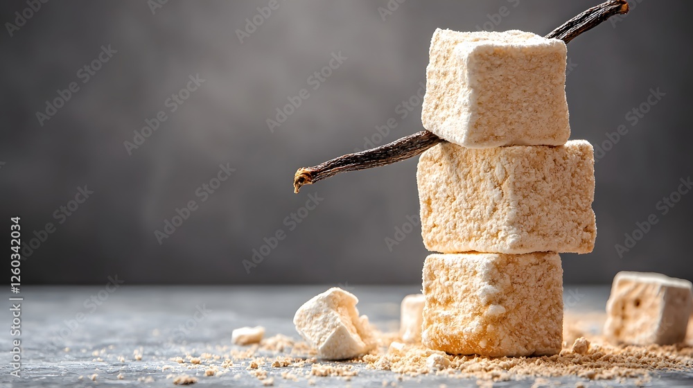 Poster pile of white marshmallows with a stick and buttery vanilla bean flavor visible in the image