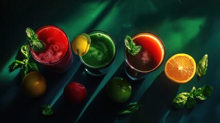 Colorful fruit juices, healthy lifestyle, dark background, studio shot, food blog